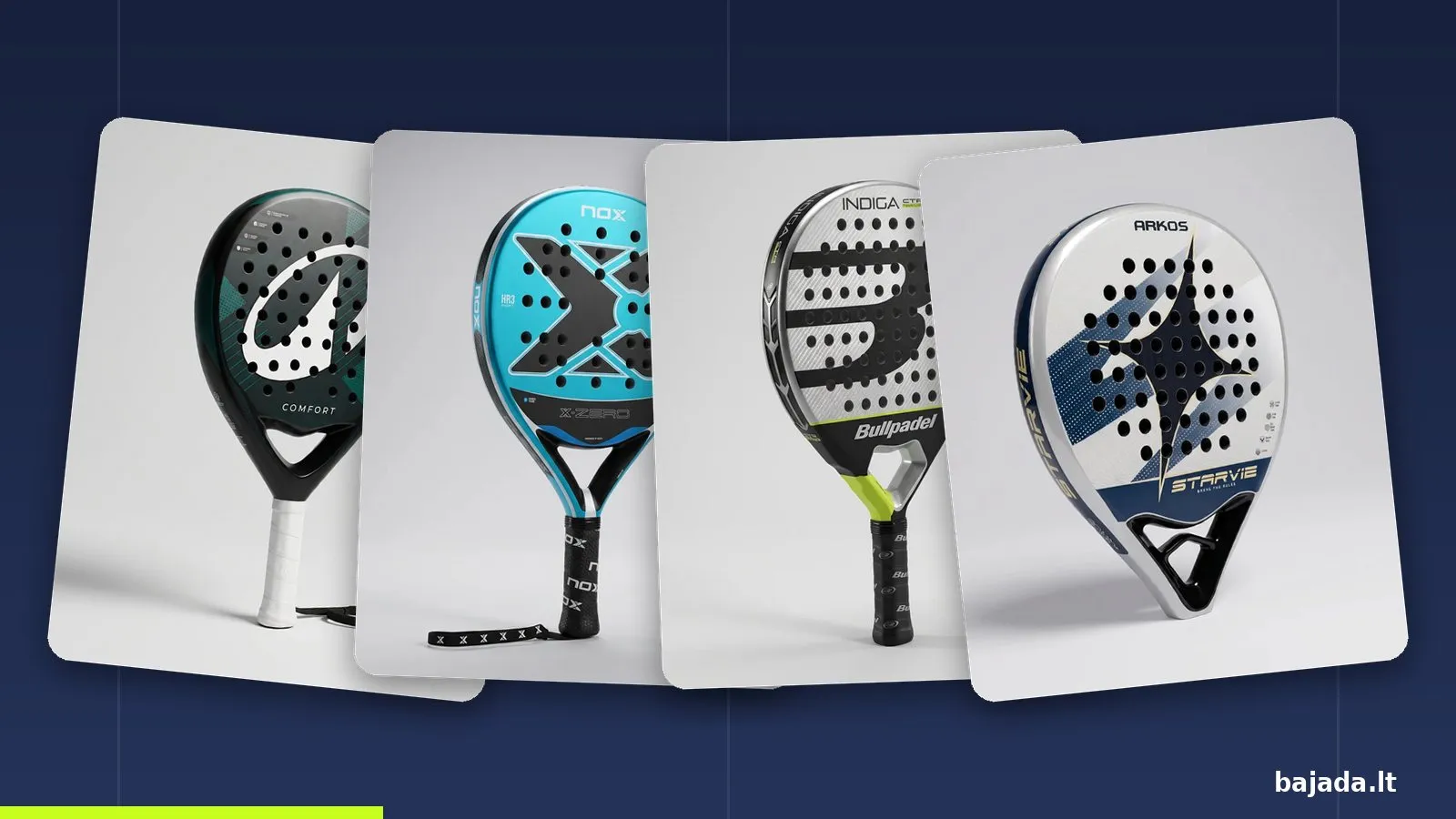 Keturios pradedančiųjų raketės iš palyginimo: Kuikma PR Comfort, Nox X-Zero, Bullpadel Indiga CTR ir StarVie Arkos