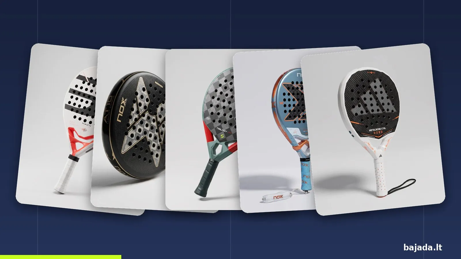 Penkios kontrolės raketės iš palyginimo: Bullpadel Hack Advance, Nox AT10 Genius 18K, Siux Trilogy Pro, Nox VK10 Ventus Control 12K ir Adidas Metalbone CTRL