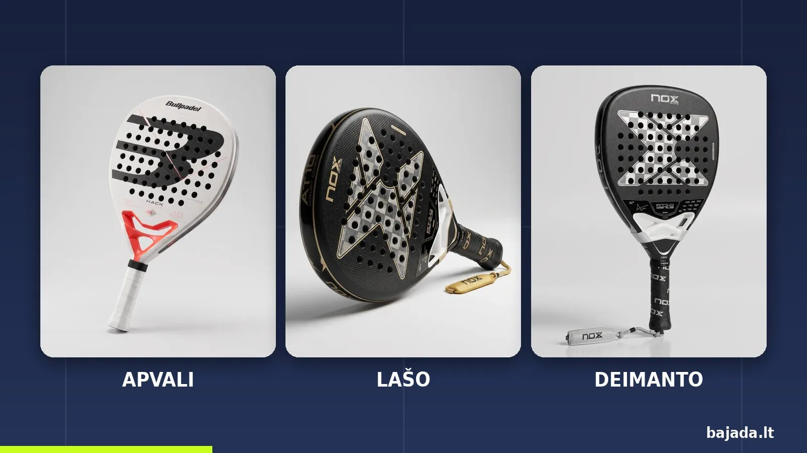 Trys padelio rakečių formos: apvali (Bullpadel Hack Advance), lašo (Nox AT10 Genius 18K) ir deimanto (Nox AT10 Genius Attack 18K)